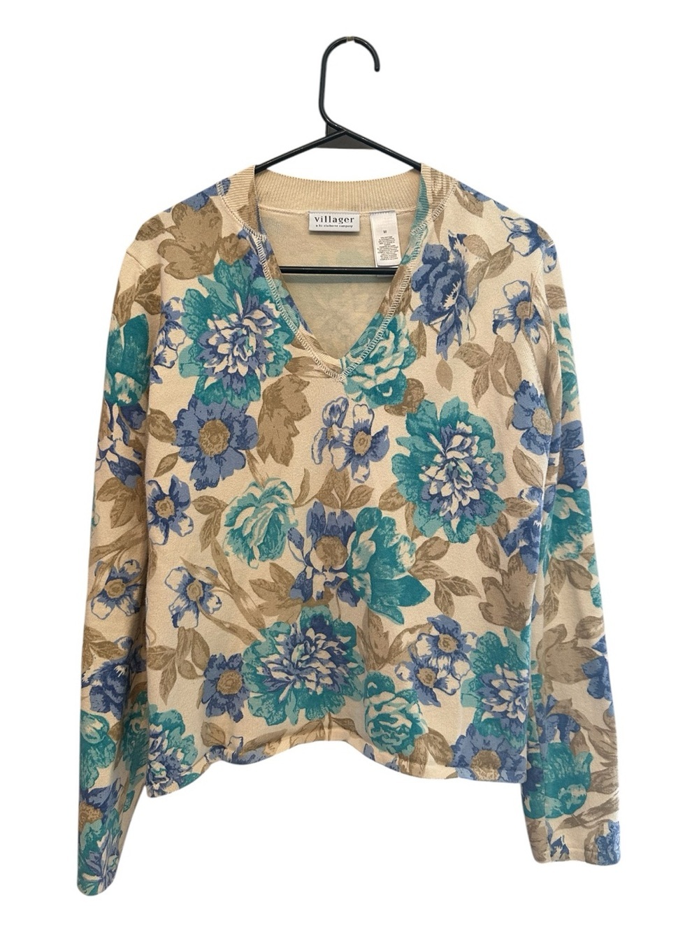 Vintage Y2K Villager Floral V-Neck Sweater in Beige, Blue & Teal Medium